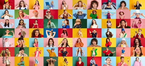 Collage made of portraits of different adults and kids, men and women showing diversity of emotions, posing over multicolor background. Human emotions, youth, lifestyle, facial expression concept. Ad
