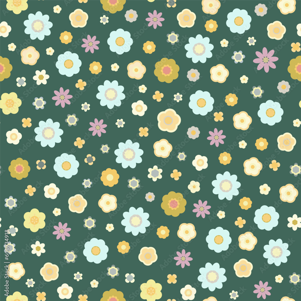 A seamless floral pattern, various cute daisies on a green background, flower power retro background, a bloomy pattern in 60s hippy style A seamless floral pattern, various cute daisies on a green background, flower power retro background, a bloomy pattern in 60s hippy style
