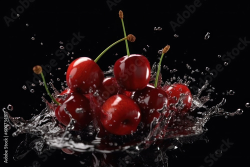 Ripe cherries and splashes of water on a black background. AI generative.