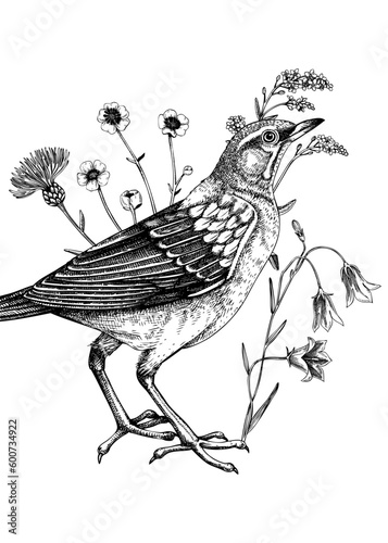 Sketched eyebrowed thrush in sketch style. Vector wildlife illustration. Creative designs with bird and summer wildflowers for nature print, wall art, poster, cards, wall art.