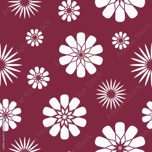 A seamless floral pattern in retro style, white daisies on a dark red background, 70s style floral wallpaper