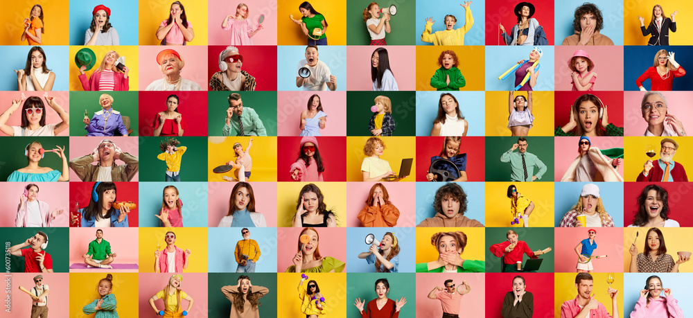 Collage made of portraits of diverse people, men and women showing happiness and shock, posing over multicolor background. Concept of human emotions, youth, lifestyle, facial expression. Ad Collage made of portraits of diverse people, men and women showing happiness and shock, posing over multicolor background. Concept of human emotions, youth, lifestyle, facial expression. Ad
