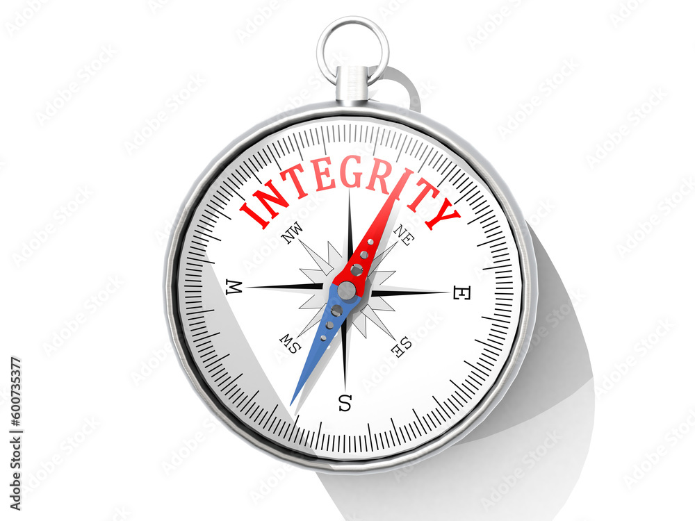 Integrity word printed on compass isolated Integrity word printed on compass isolated