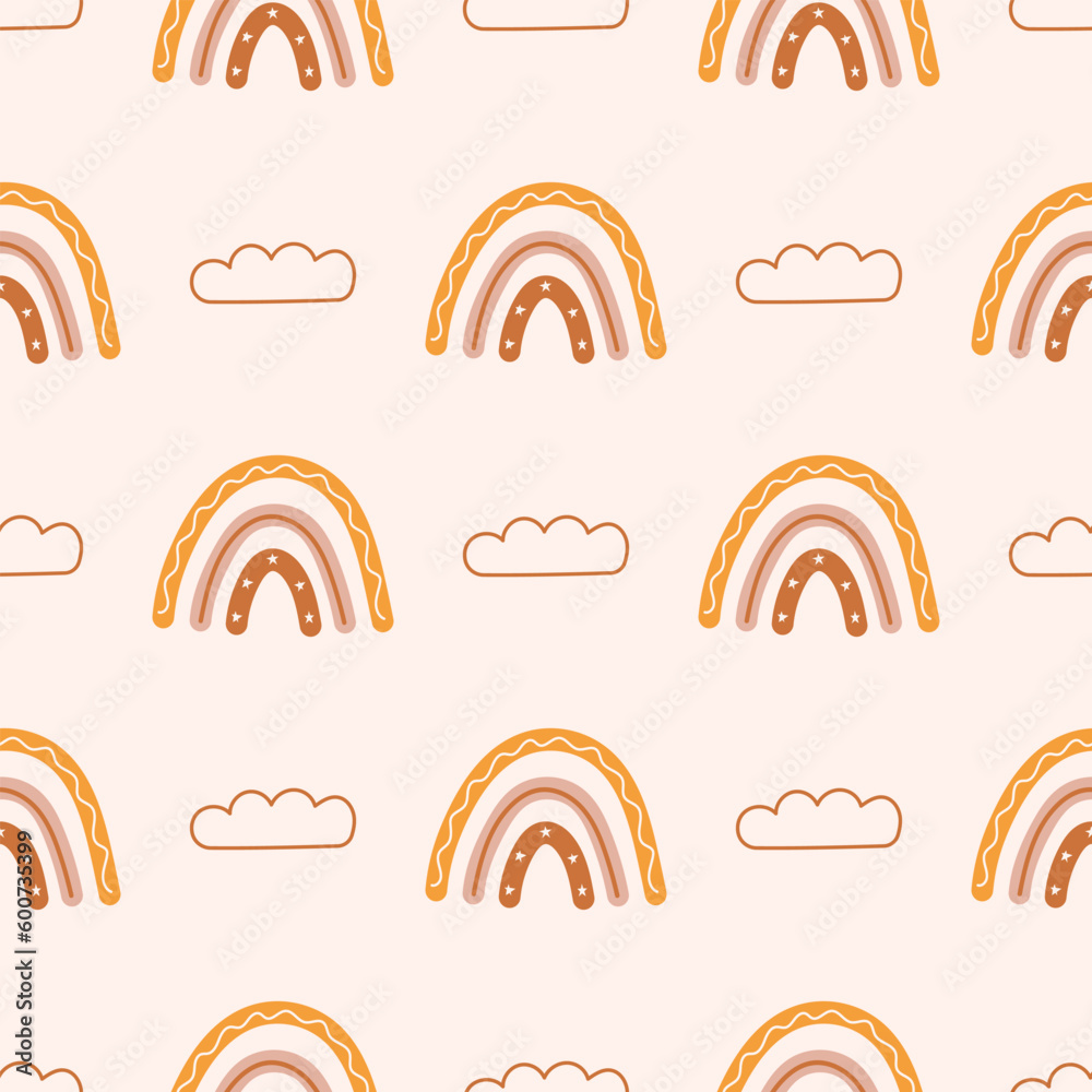 Boho Rainbows Pattern. Vector seamless pattern with boho rainbows and clouds. Vector illustration Boho Rainbows Pattern. Vector seamless pattern with boho rainbows and clouds. Vector illustration