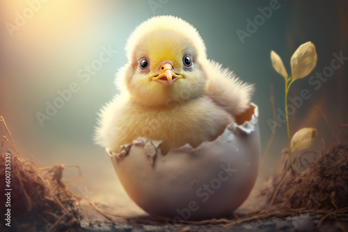 Sweet chick freshly hatched from Easter egg as a digital illustration (Generative AI)