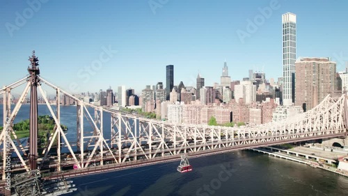 Roosevelt Island and Queensboro Bridge. Tramway and traffic, New York City. 4K aerial. photo