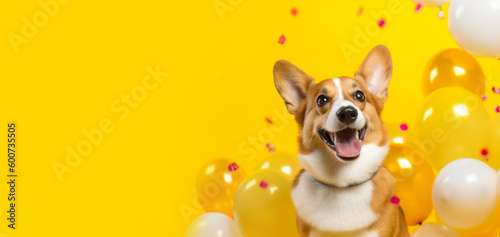 Cheerful corgi dog with balloons on a festive yellow background. Banner, postcard, copy space. AI generation © dwoow