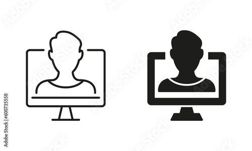 Fototapeta Naklejka Na Ścianę i Meble -  Online Education Silhouette and Line Icon Set. Online Training Black Sign. Distant Education, Consultation, E-learning and Online Webinars. Teacher and Computer Screen. Isolated Vector Illustration