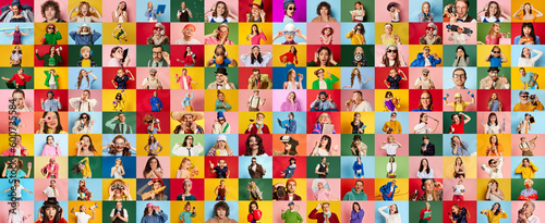 Collage made of portraits of diverse people of different age and gender, adults and kids posing over multicolored background. Concept of human emotions, youth, lifestyle, facial expression. Ad