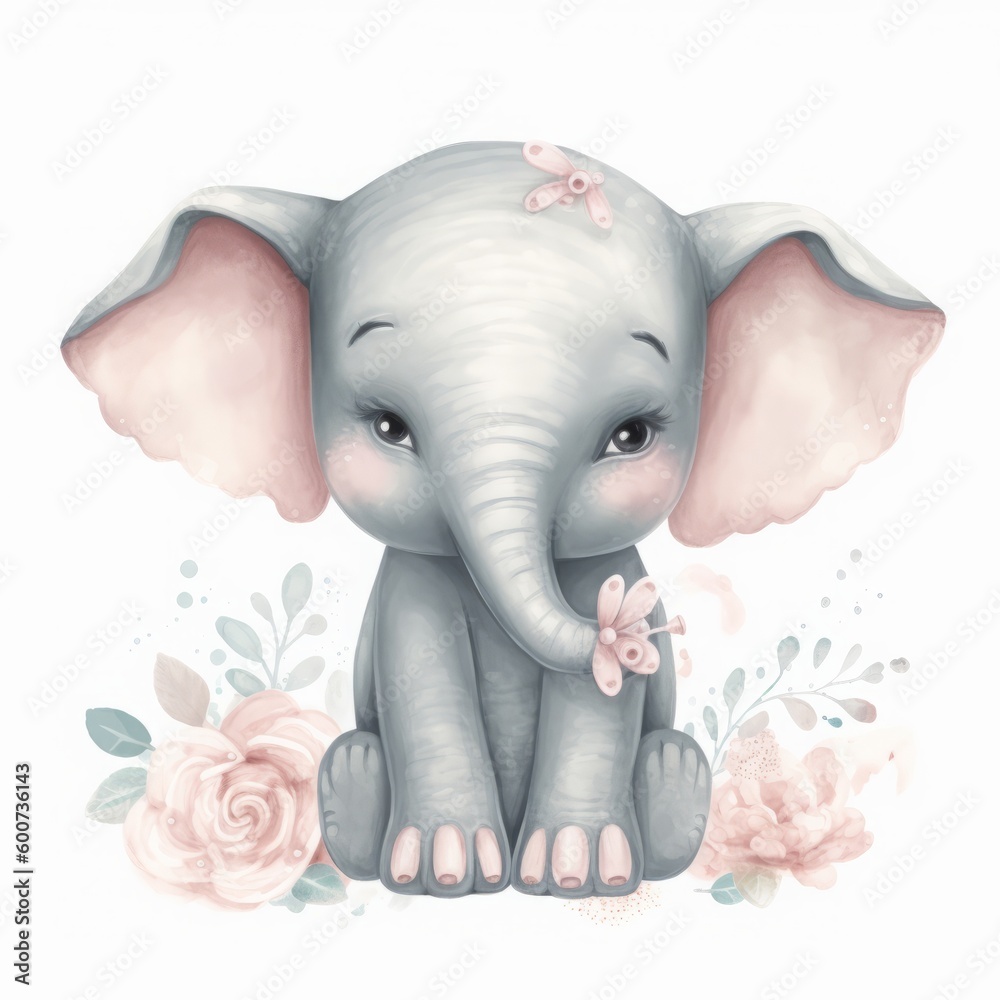 Illustrated cute baby elephant with flower for nursery room. Generative AI