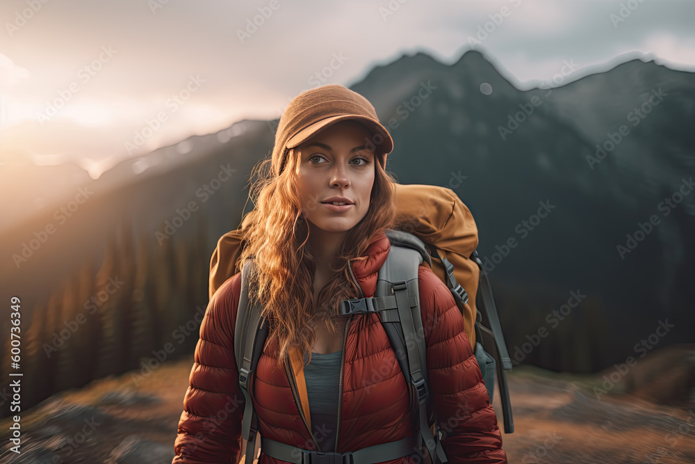 A woman backpacking in the mountains and looking out at a breathtaking view, Generative AI