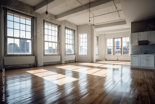 Empty urban apartment with wooden parquet floor  generative ai