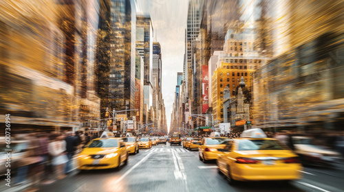 Blurred New York City cityscape, full of cars and yellow taxis. Generative AI © Farnaces