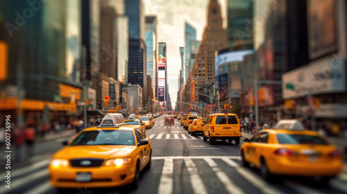 Blurred New York City cityscape, full of cars and yellow taxis. Generative AI