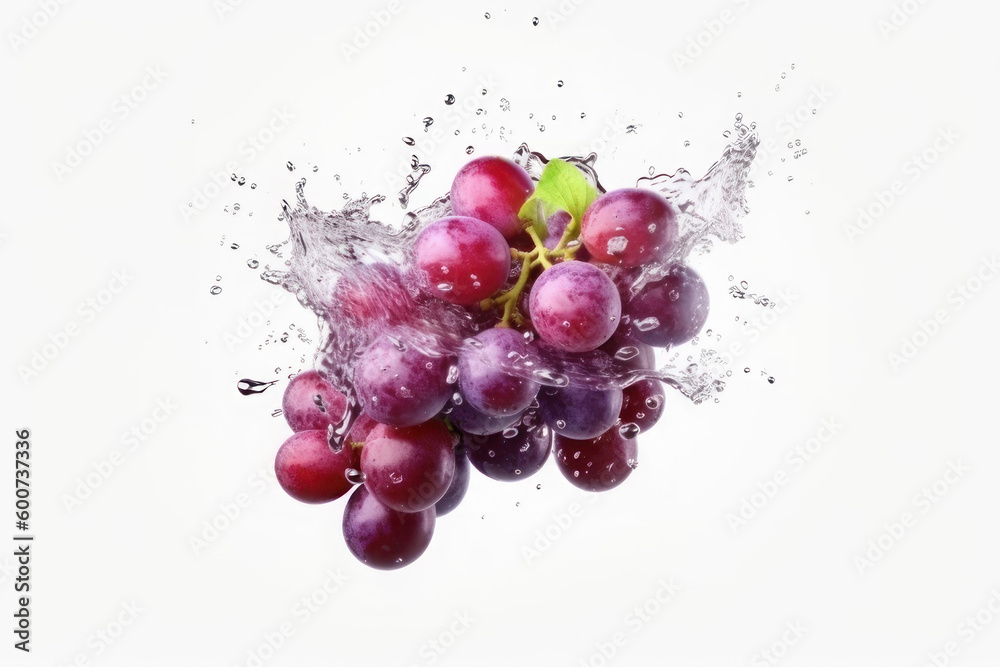 Ripe grapes and splashes of water on a white background. AI generative.