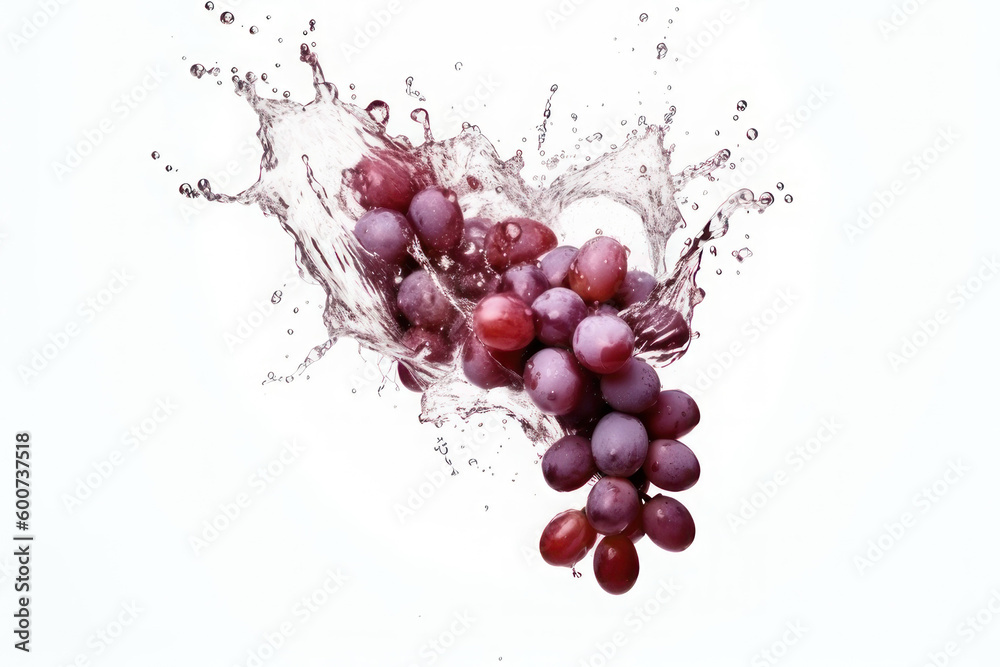 Fresh grapes and splashes of water on a white background. AI generative.