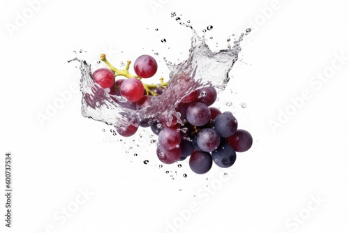 Grapes and splashes of water on a white background. AI generative.