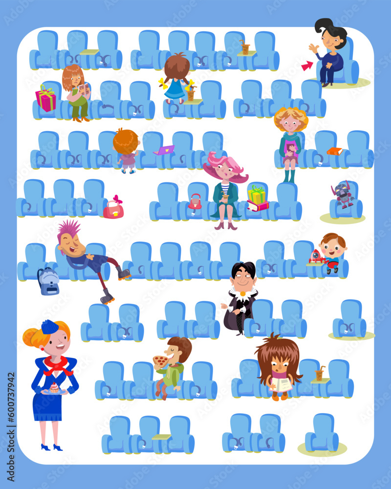 Maze for children. Puzzle game with cute characters. Help the stewardess bring the passenger a cake. Vector illustration. Maze for children. Puzzle game with cute characters. Help the stewardess bring the passenger a cake. Vector illustration.