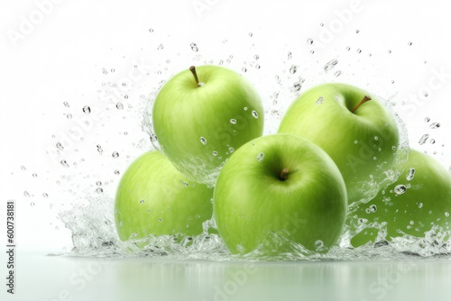 Ripe green apples and splashes of water on a white background. AI generative.