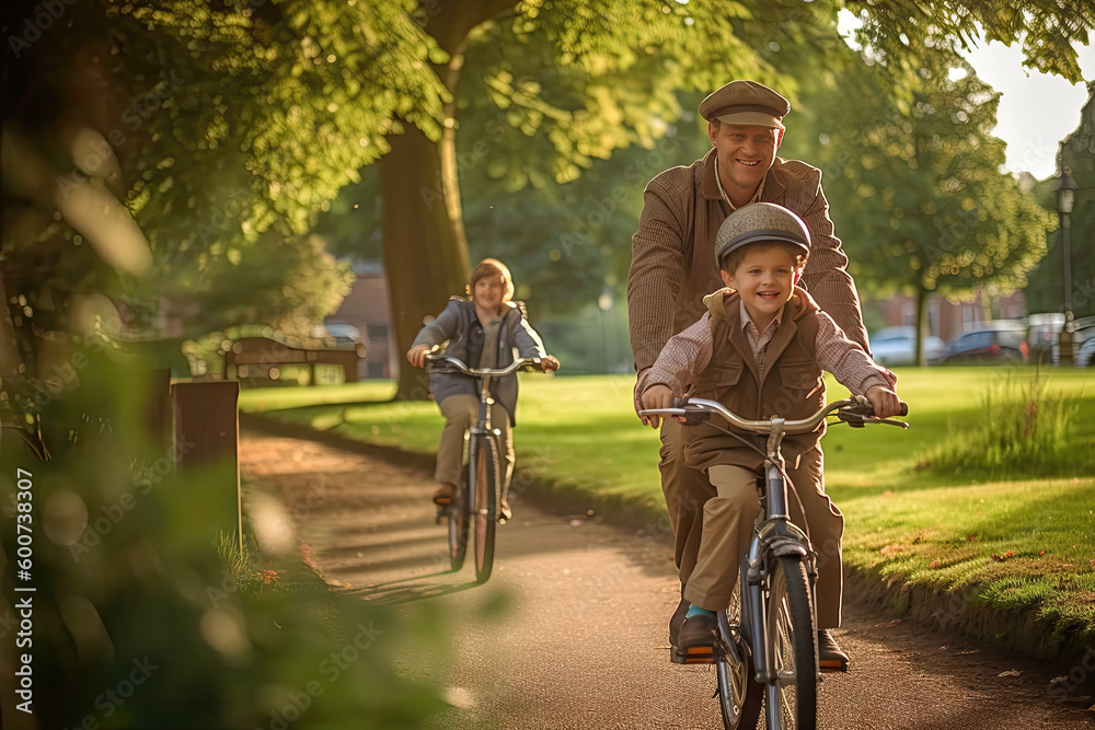 Obraz premium A young boy learning to ride a bike with his father in a park, Generative AI