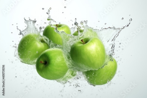 Juicy green apples and splashes of water on a white background. AI generative.