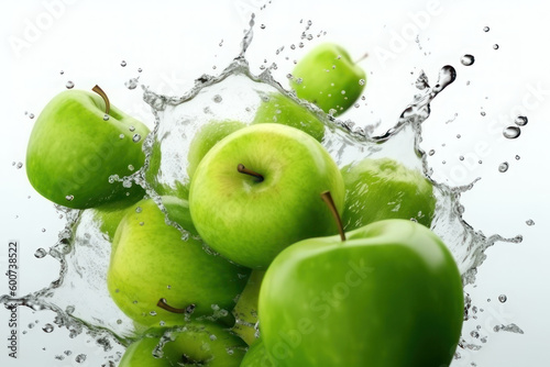Green apples and splashes of water on a white background. AI generative.
