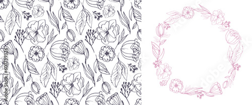 Hand drawn doodle floral template pattern background, flower art.