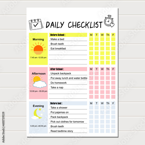 Kids daily planner, checklist page