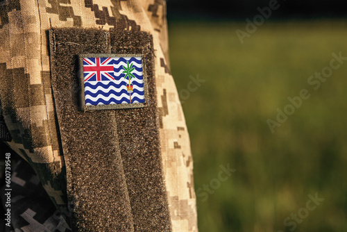 Obraz na plátne Close up millitary woman or man shoulder arm sleeve with British Indian Ocean Territory flag patch