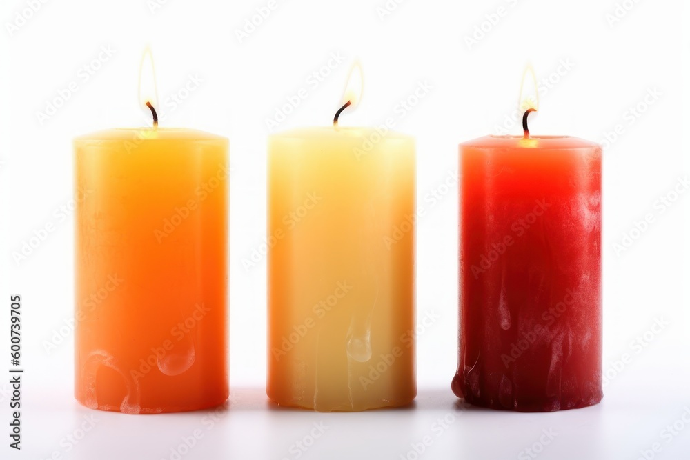 Three burning candles on white background. Generative AI Three burning candles on white background. Generative AI