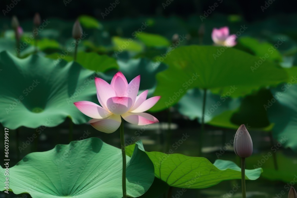Pink lotus flowers in a pond with green leaves. Generative AI Pink lotus flowers in a pond with green leaves. Generative AI