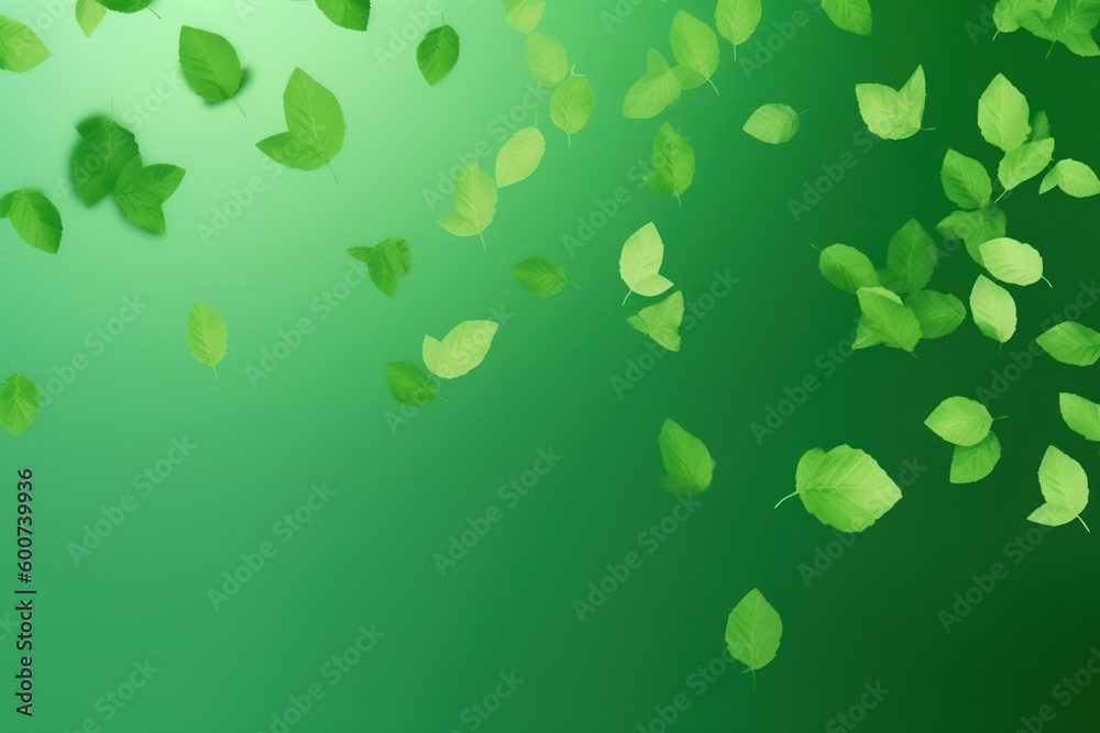 Green leaves falling on a green background. Generative AI Green leaves falling on a green background. Generative AI
