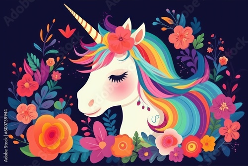 A poster of a unicorn with flowers on it. Generative AI