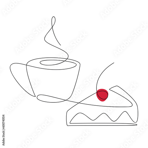 Coffee cup and cherry cake one line continuous drawing. Vector illustration. Hand drawn linear silhouette. Dessert icon. Minimal design, print, banner, card, product logo, brochure, menu, bakery shop.