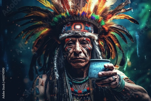 mystical world of a Native American shaman as he embarks on a secret ayahuasca ritual filled with wonder, spiritual revelations, and a psychedelic trip. Generative AI