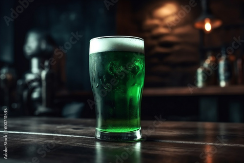 Close up festive St. Patrick green beer in blurred bar interior background. St. Patrick holiday concept. Generative AI.