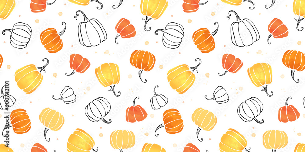 Cute hand drawn pumpkin horizontal seamless pattern, hand drawn pumpkins - great as Thanksgiving background, textiles, banners, wallpapers, wrapping - vector design Cute hand drawn pumpkin horizontal seamless pattern, hand drawn pumpkins - great as Thanksgiving background, textiles, banners, wallpapers, wrapping - vector design