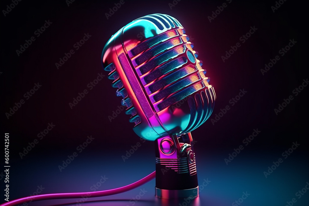 Retro professional microphone in neon futuristic style. AI generated