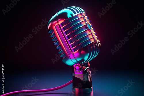 Retro professional microphone in neon futuristic style. AI generated.  Generative AI