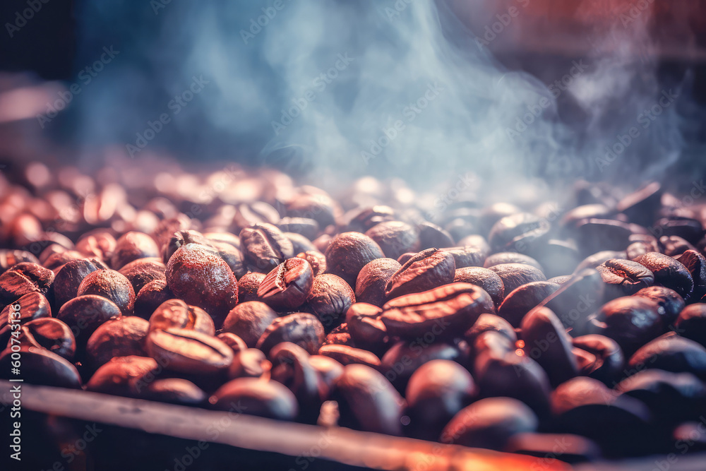Freshly roasted coffee beans with smoke. Generative AI Freshly roasted coffee beans with smoke. Generative AI