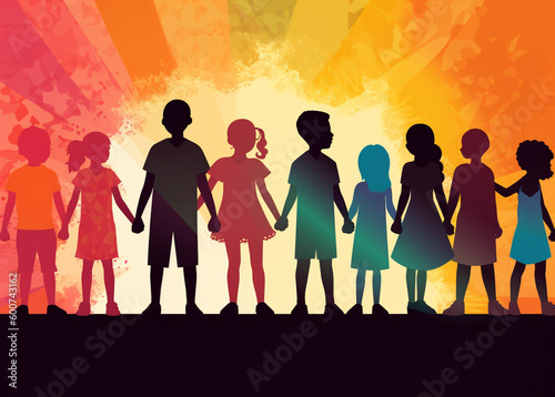 A group of children holding hands and standing in front of a colorful background