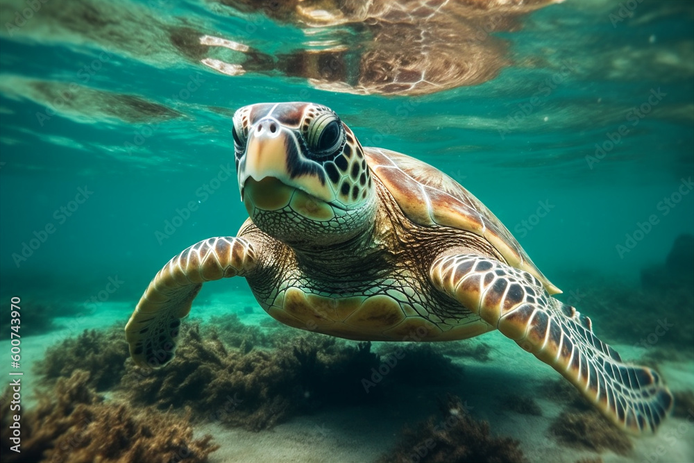 Fototapeta premium Close Up portrait of happy sea turtle swimming underwater. AI generated. Generative AI