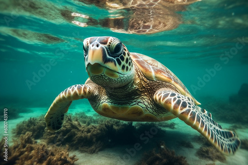 Close Up portrait of happy sea turtle swimming underwater. AI generated. Generative AI © Oksana Kumer