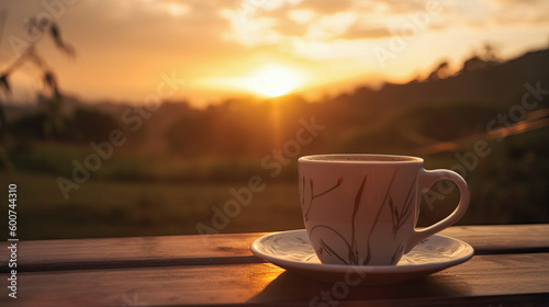 Fotografiet A cup of coffee or tea on a table in front of a field with a sunset in the background