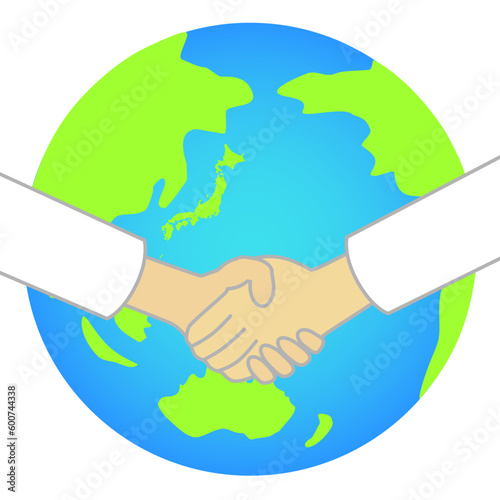 Two men in suits are shaking hands with the earth in the background.
International trade, global society, politics and diplomacy concept icons.
