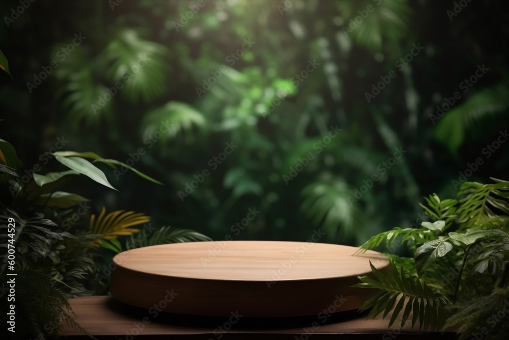 green platform mock podium leaf up palm wooden design color space. Generative AI. green platform mock podium leaf up palm wooden design color space. Generative AI.