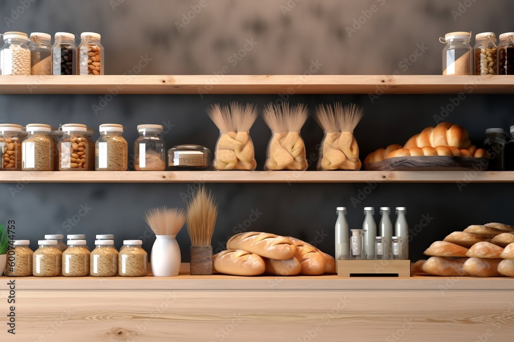 Healthy Organic Grocery Store with Eco-Friendly Interior: Wood Wall, Parquet Floor, and Assorted Vegan Bread, Buns, and Snacks on Shelves and Interior Design, Ai Generative