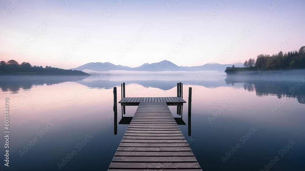 Pier on the lake in the early morning. AI generedet 