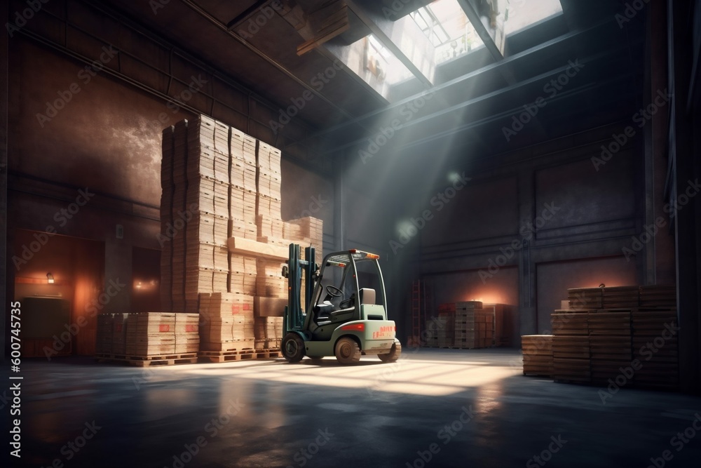 warehouse storage cargo logistic sun box forklift delivery transportation distribution. Generative AI.