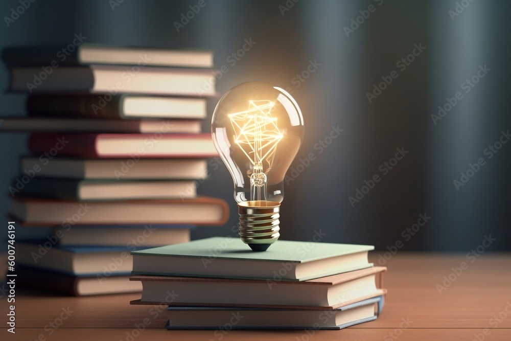 Idea Education Concept: Lightbulb on Stack of Books. Generative AI - obrazy, fototapety, plakaty 